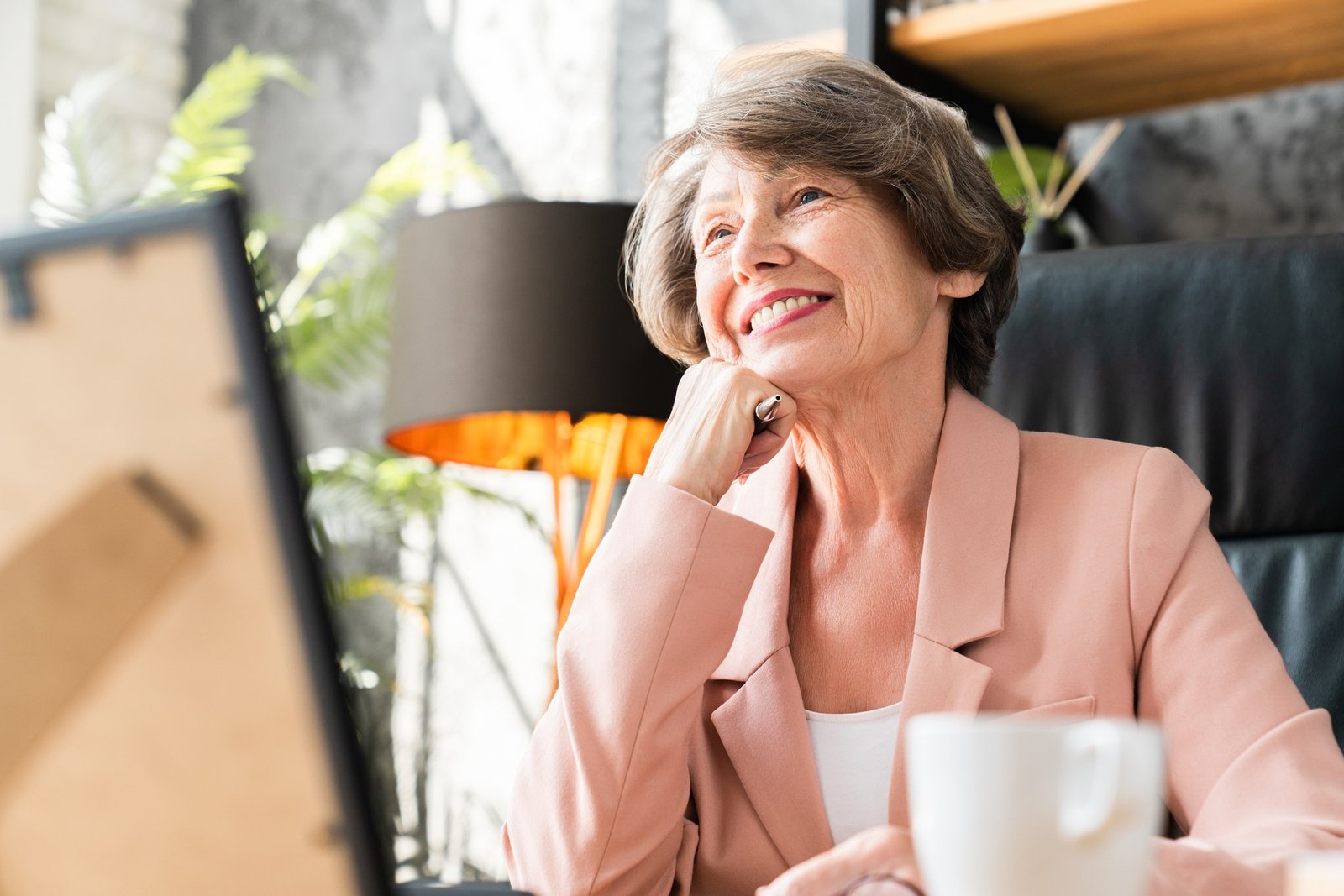 Inspired caucasian senior manager businesswoman dreaming about job promotion, pension