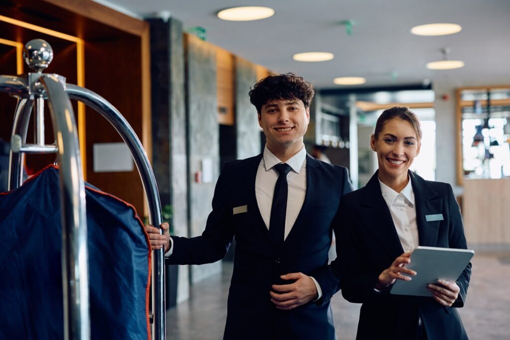 Young happy hotel staff looking at camera.