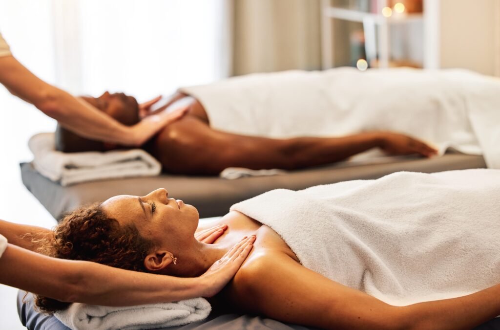 Spa, relax and couple massage for luxury wellness therapy or skincare health with masseuse hands. Z